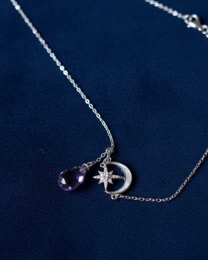 S925 Sterling Silver Moon & Star Necklace with Amethyst Drop