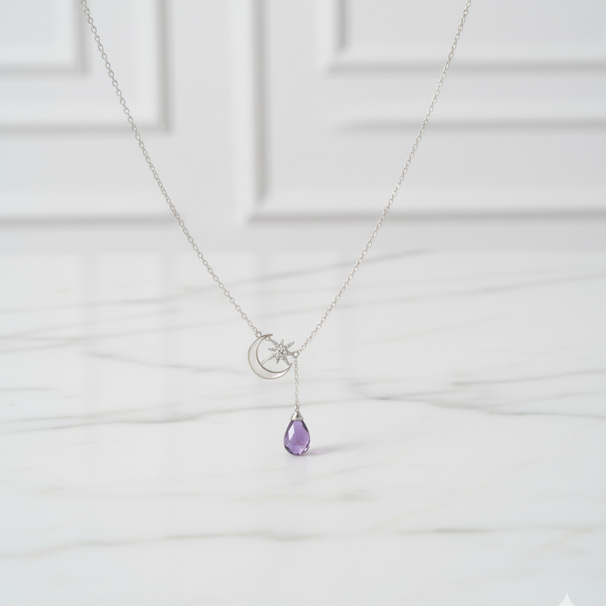 S925 Sterling Silver Moon & Star Necklace with Amethyst Drop