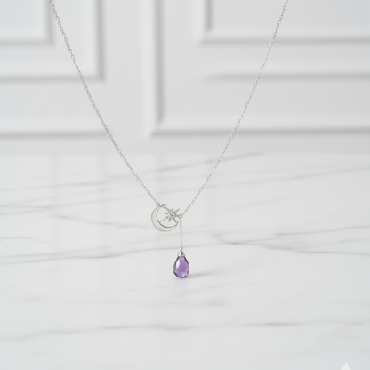 S925 Sterling Silver Moon & Star Necklace with Amethyst Drop
