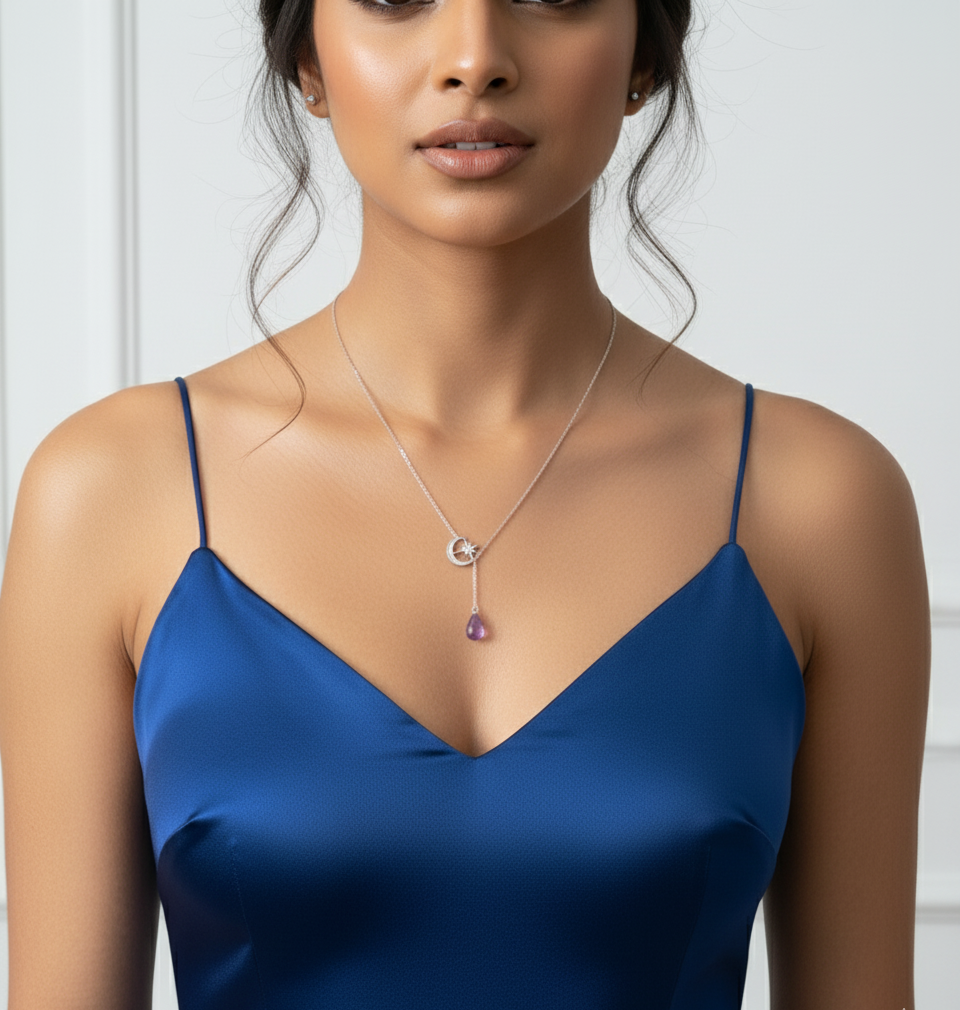S925 Sterling Silver Moon & Star Necklace with Amethyst Drop
