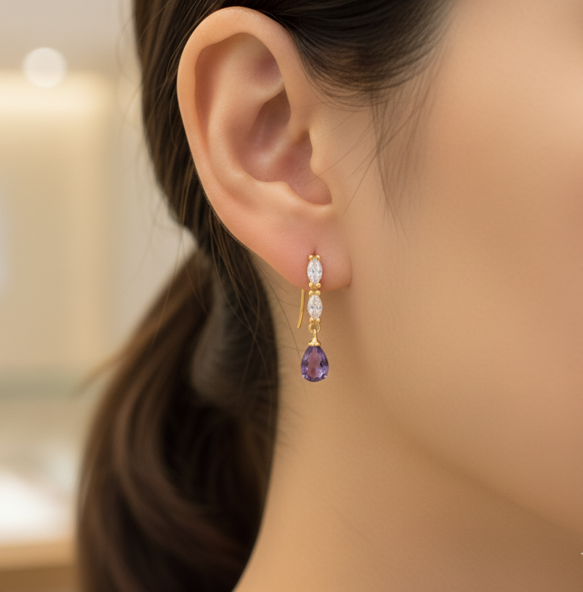 Elegant S925 Silver Amethyst Drop Earrings