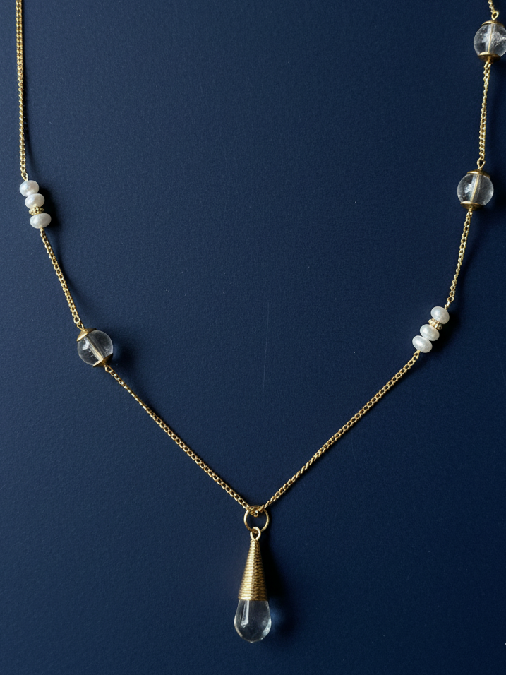 S925 Silver Freshwater Pearl & Rock Crystal Necklace – Elegant Handmade Jewelry