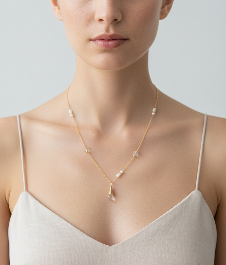 S925 Silver Freshwater Pearl & Rock Crystal Necklace – Elegant Handmade Jewelry