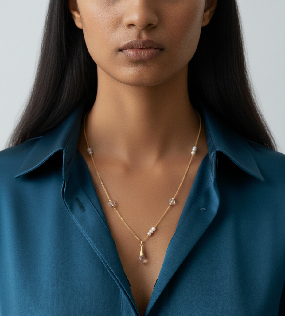 S925 Silver Freshwater Pearl & Rock Crystal Necklace – Elegant Handmade Jewelry