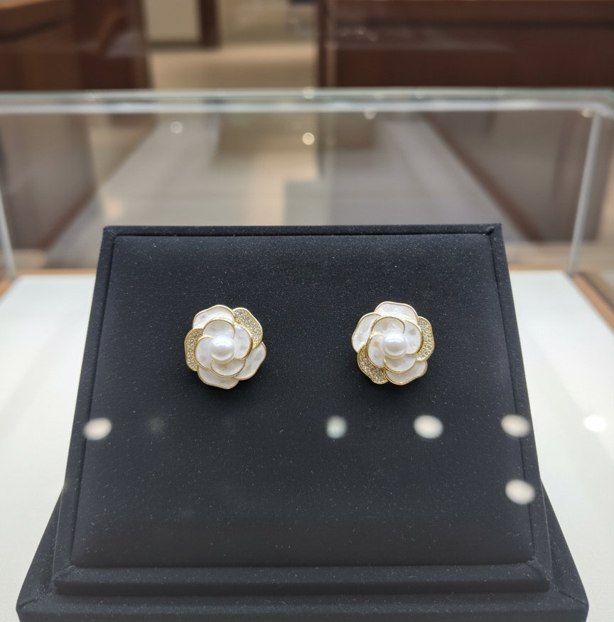 Elegant Freshwater Pearl Flower Earrings – Gold & White Enamel, Dainty Studs for Women