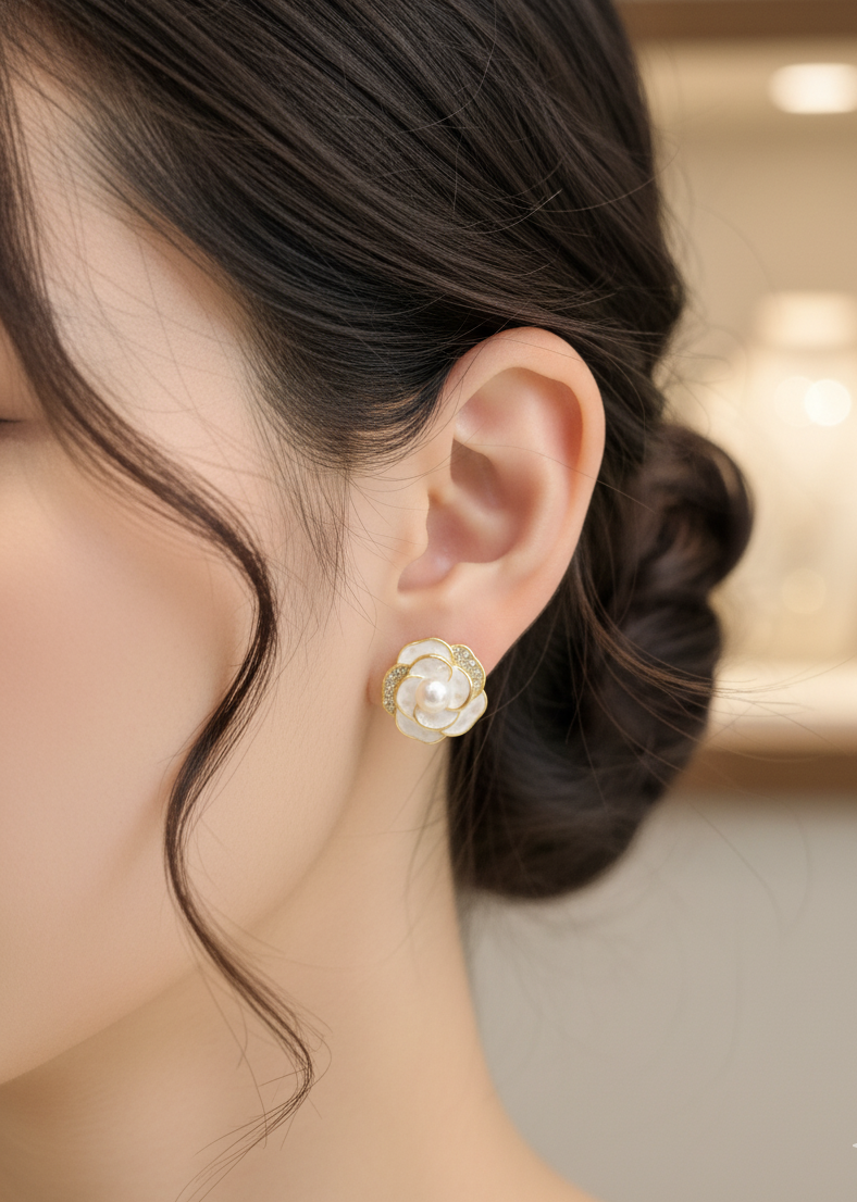 Elegant Freshwater Pearl Flower Earrings – Gold & White Enamel, Dainty Studs for Women