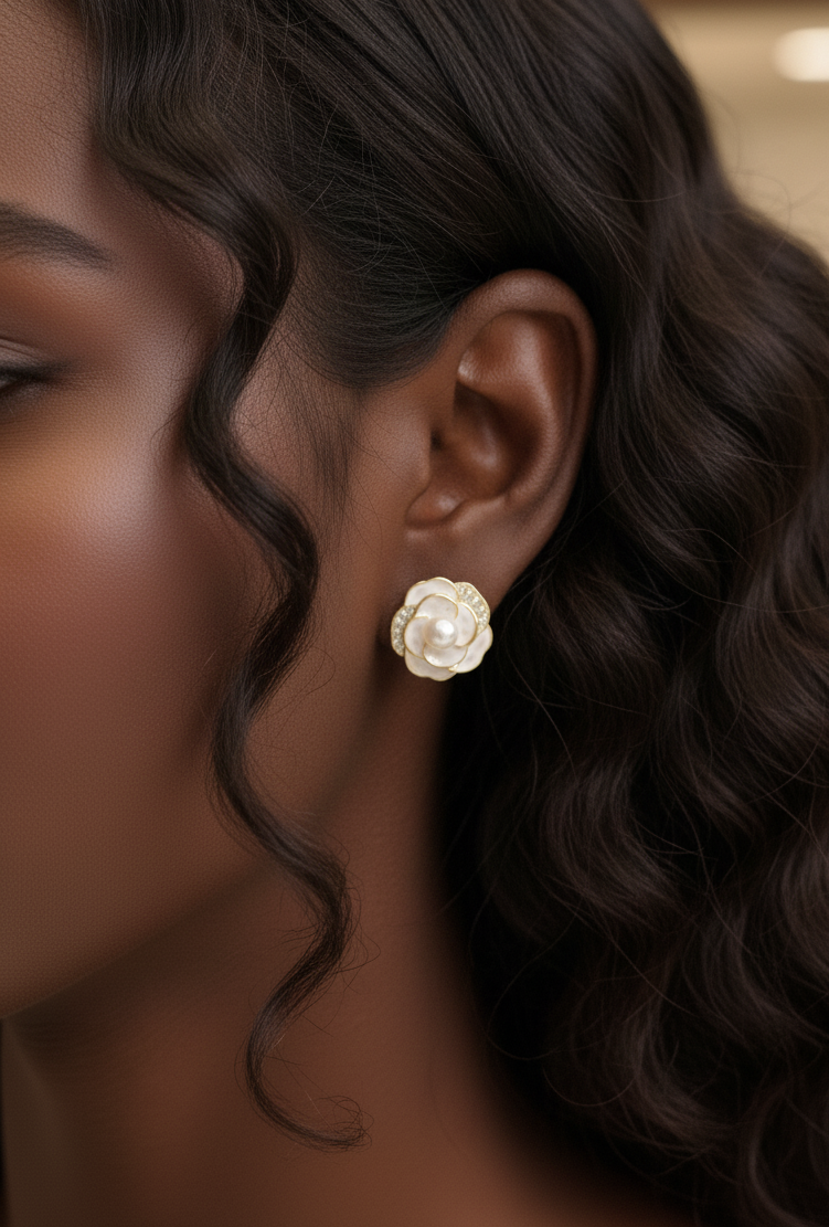 Elegant Freshwater Pearl Flower Earrings – Gold & White Enamel, Dainty Studs for Women