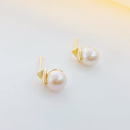 Freshwater Pearl Stud Earrings | Gold-Tone Copper Alloy, Minimalist Jewelry