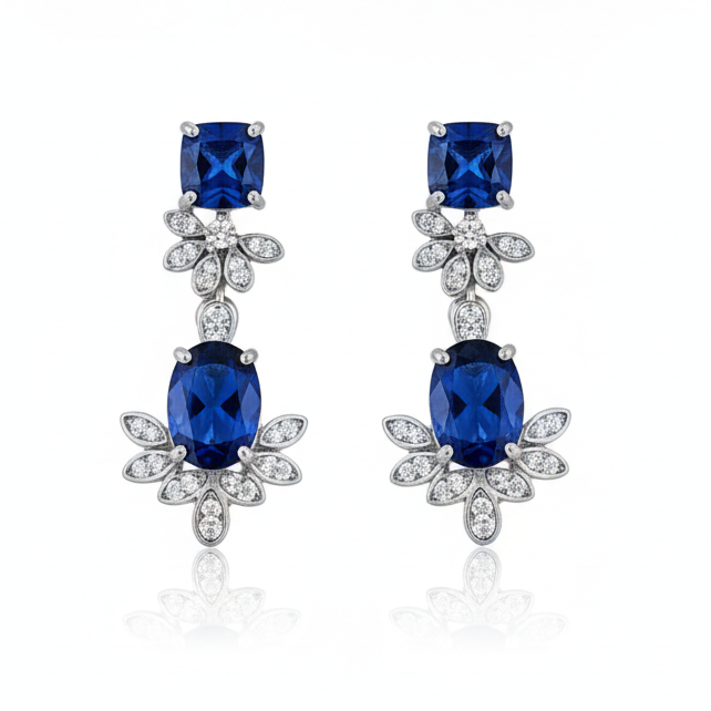 S925 Sterling Silver Drop Earrings with 5.5Kt Lab Sapphire | Elegant Blue Gemstone Jewelry