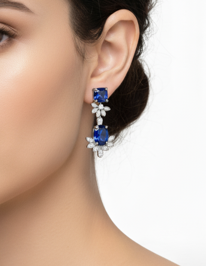 S925 Sterling Silver Drop Earrings with 5.5Kt Lab Sapphire | Elegant Blue Gemstone Jewelry