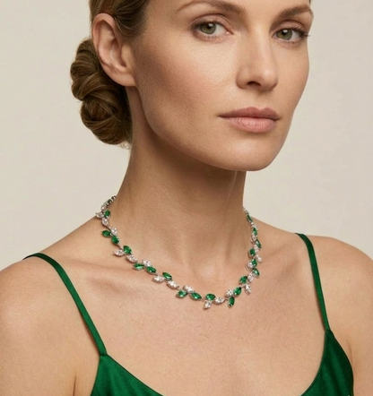 S925 Sterling Silver Leaf Necklace – Simulated Emerald & Zircon Statement Jewelry