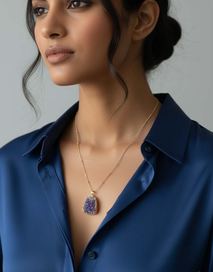 Natural Amethyst Pendant Necklace – Gold-Plated Stainless Steel Chain