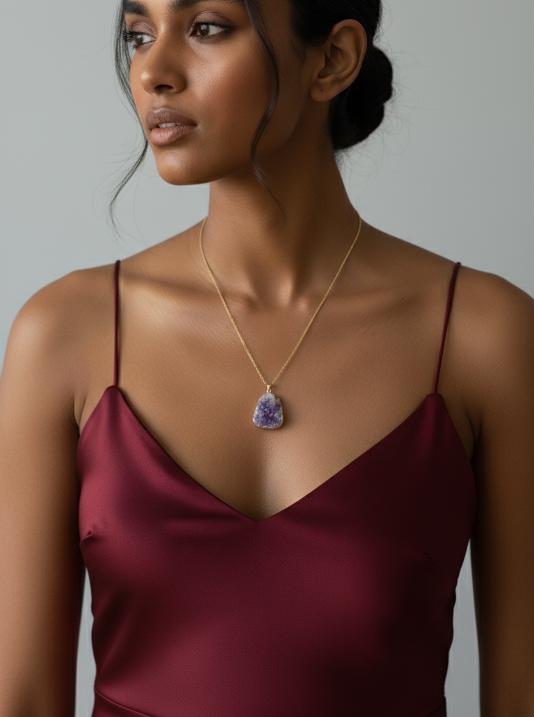 Natural Amethyst Pendant Necklace – Gold-Plated Stainless Steel Chain