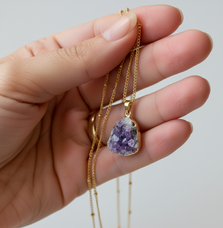 Natural Amethyst Pendant Necklace – Gold-Plated Stainless Steel Chain
