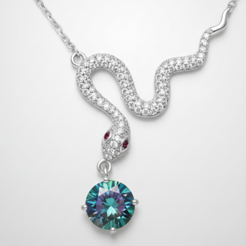 S925 Silver Snake Necklace with Mozambique Drill & Zircon Pendant
