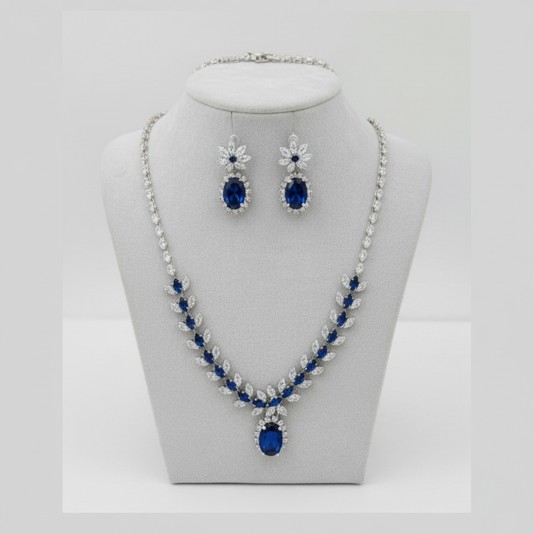 Elegant Blue Crystal Necklace and Earring Set – Silver-Plated Copper with Zircon Accents