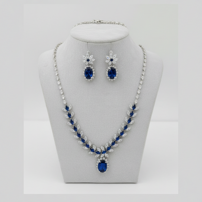 Elegant Blue Crystal Necklace and Earring Set – Silver-Plated Copper with Zircon Accents