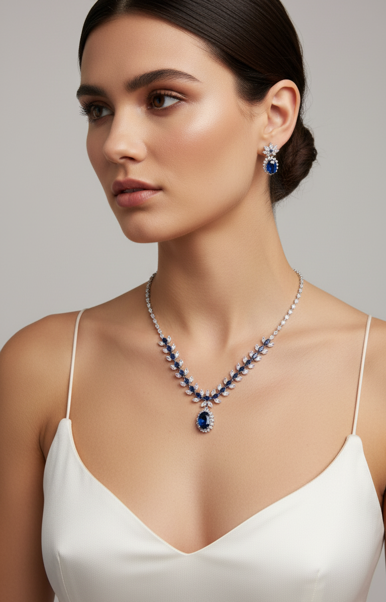 Elegant Blue Crystal Necklace and Earring Set – Silver-Plated Copper with Zircon Accents