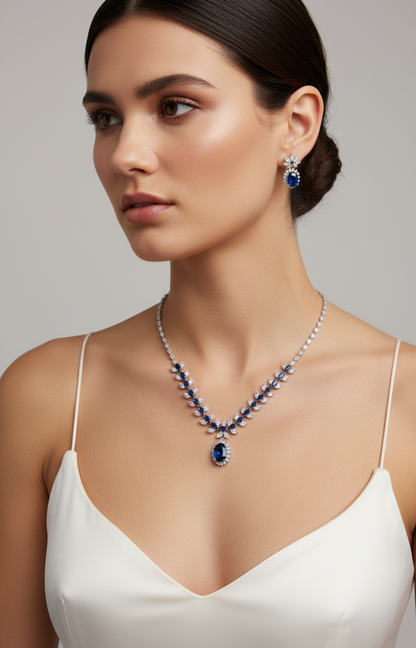Elegant Blue Crystal Necklace and Earring Set – Silver-Plated Copper with Zircon Accents