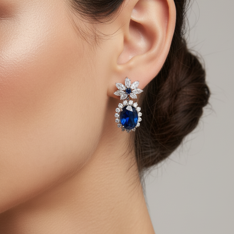 Elegant Blue Crystal Necklace and Earring Set – Silver-Plated Copper with Zircon Accents