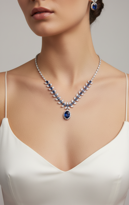 Elegant Blue Crystal Necklace and Earring Set – Silver-Plated Copper with Zircon Accents