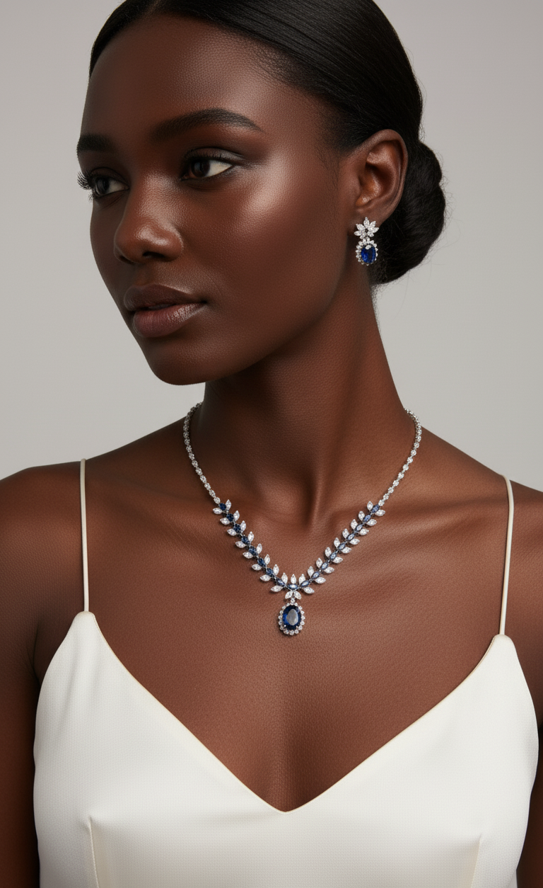Elegant Blue Crystal Necklace and Earring Set – Silver-Plated Copper with Zircon Accents