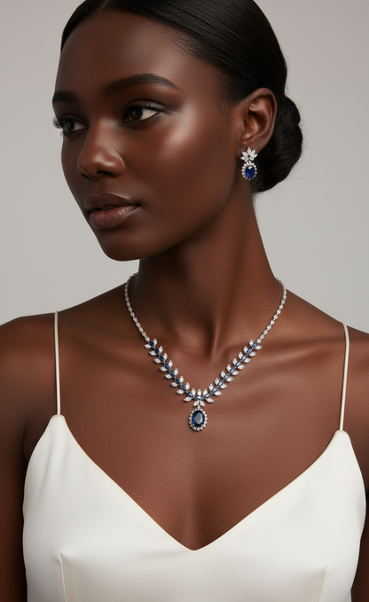 Elegant Blue Crystal Necklace and Earring Set – Silver-Plated Copper with Zircon Accents