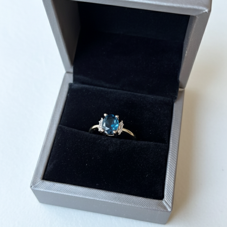 Blue Glass & Zircon Ring | Copper with Gold Plating | Elegant Statement Ring