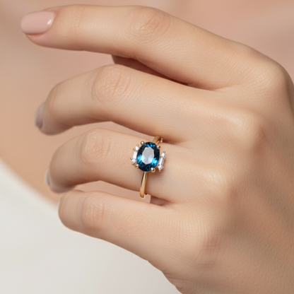Blue Glass & Zircon Ring | Copper with Gold Plating | Elegant Statement Ring