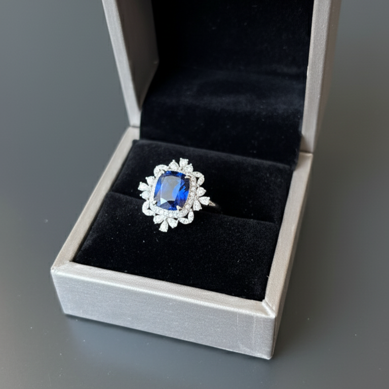 S925 Sterling Silver Lab Sapphire Ring | Vintage Halo Engagement Ring