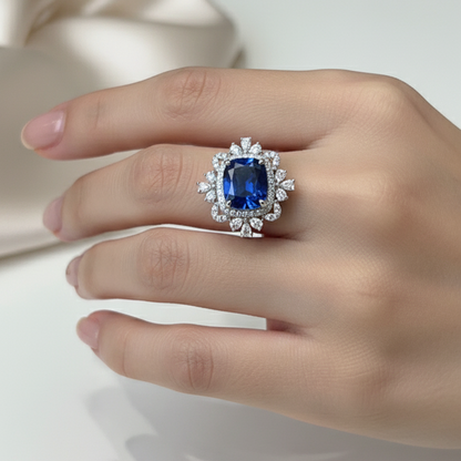 S925 Sterling Silver Lab Sapphire Ring | Vintage Halo Engagement Ring